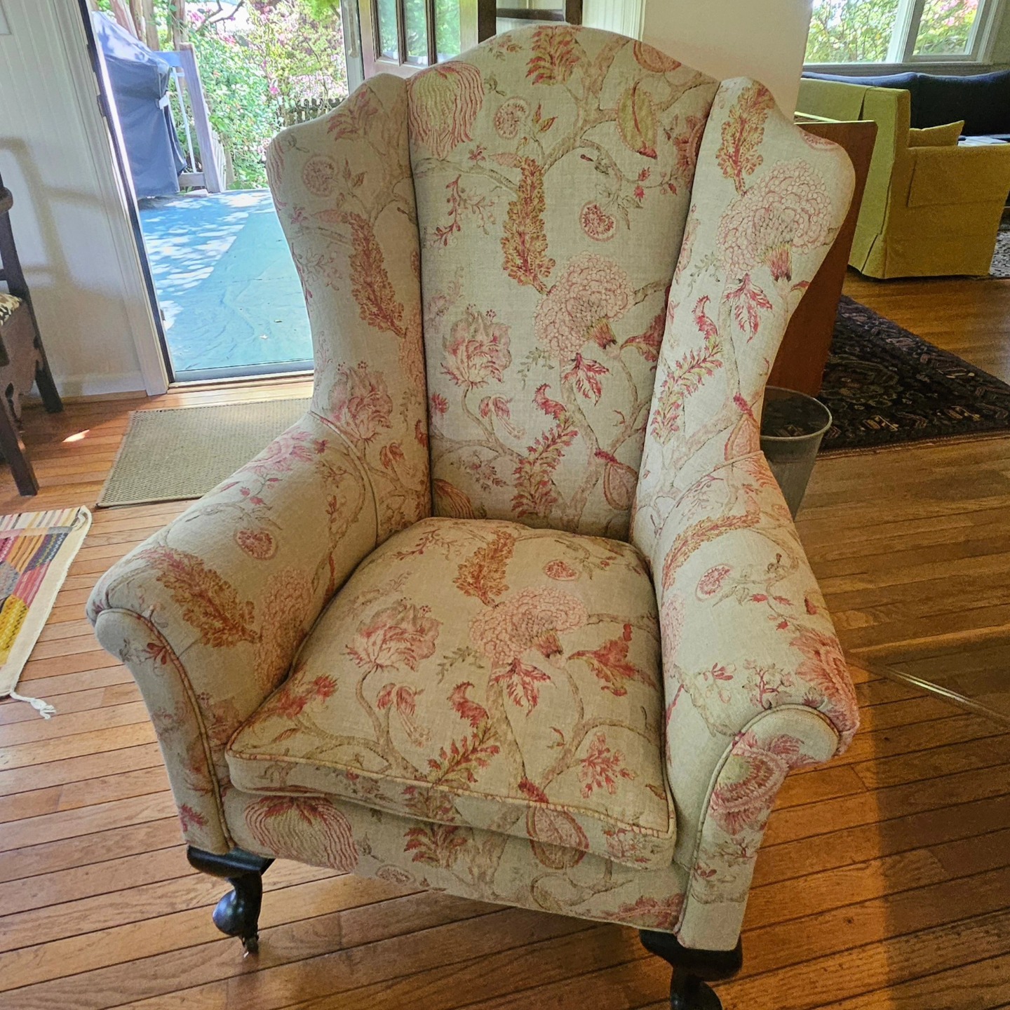 Botanical-print wingback chair, restored and ready for delivery