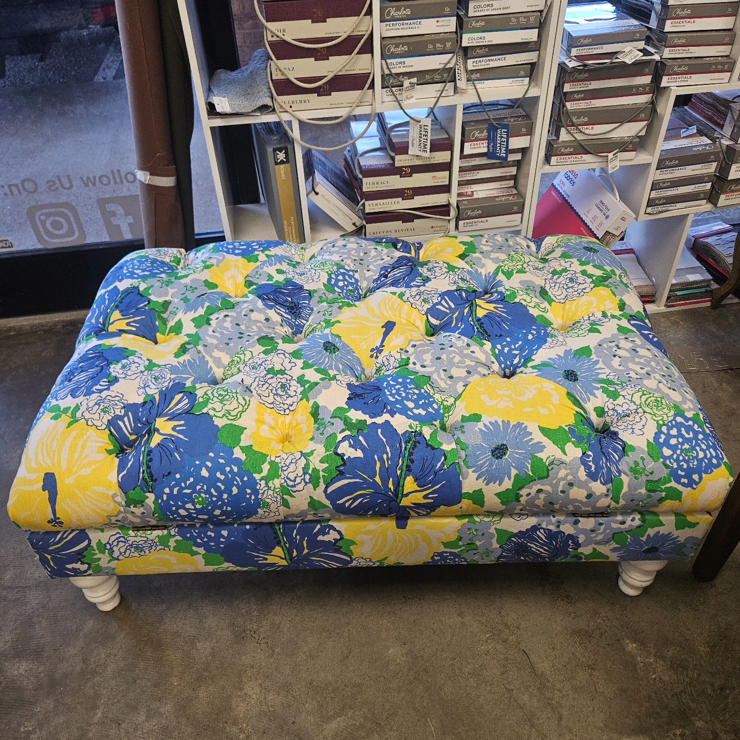 Tufted floral ottoman — classic upholstery restoration